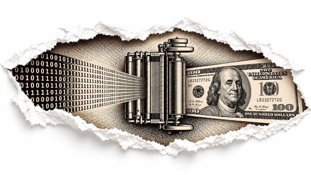 Binary data feeding through an engraved printing press, emerging as a hundred-dollar bill